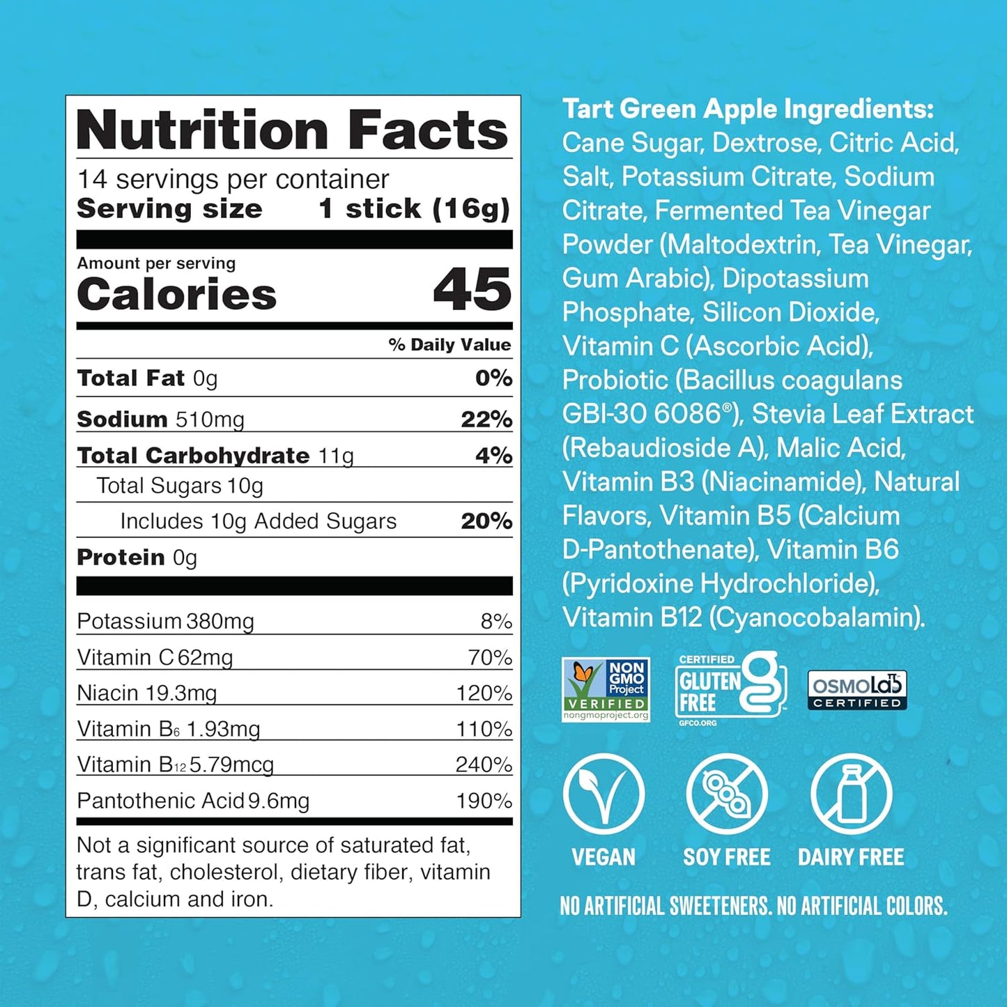 ® Hydration Multiplier® + Probiotic Kombucha - Tart Green Apple - Hydration Powder Packets | Electrolyte Drink Mix | Easy Open Single-Serving Stick | Non-Gmo | 14 Servings (Pack of 1)